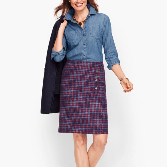 Talbots Faux Wrap Wool Lined A-Line Purple Berry Plaid Skirt with buttons Office - Picture 1 of 9